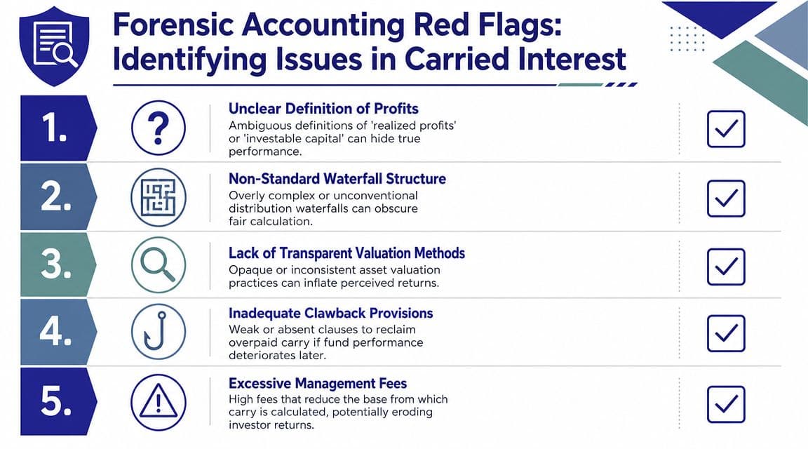 An infographic listing five key forensic accounting red flags related to identifying issues in carried interest.