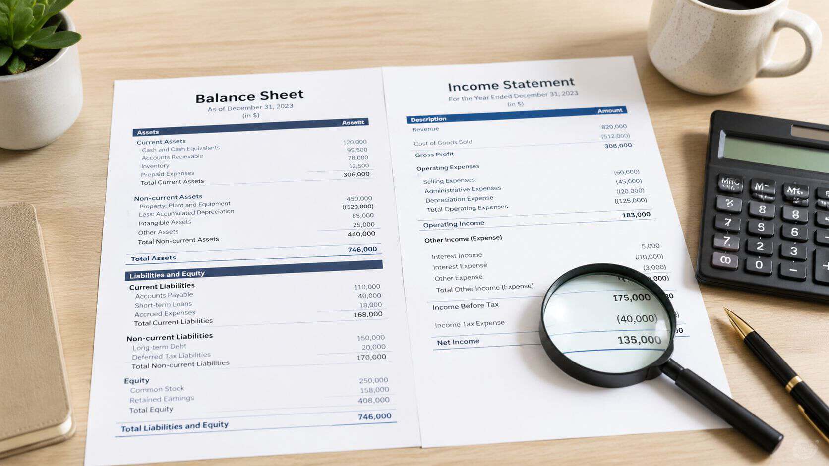 A professional financial document with a balance sheet and income statement lying on a wooden desk.