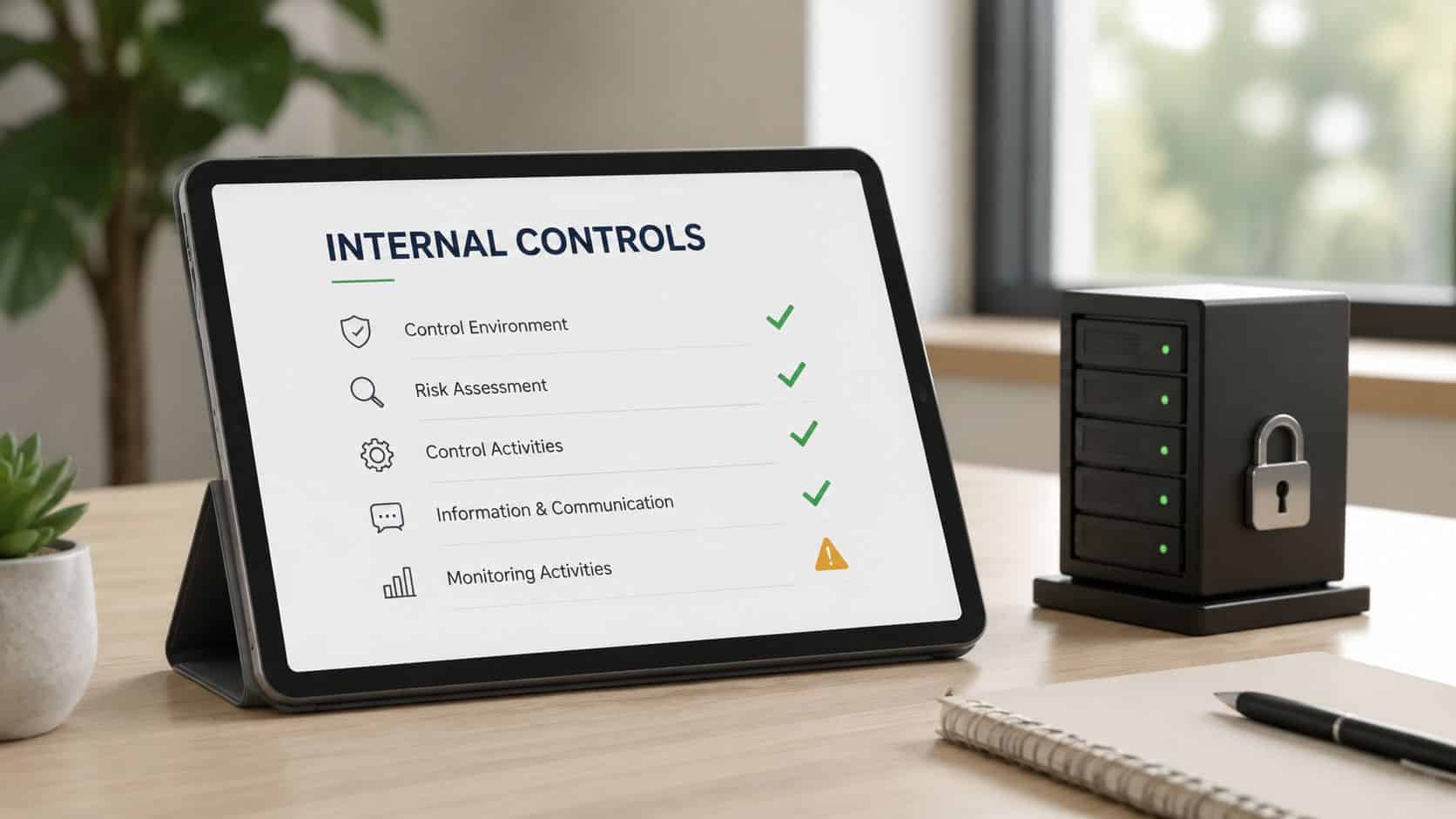 A digital tablet displaying an internal controls checklist with four green checkmarks and one warning icon.