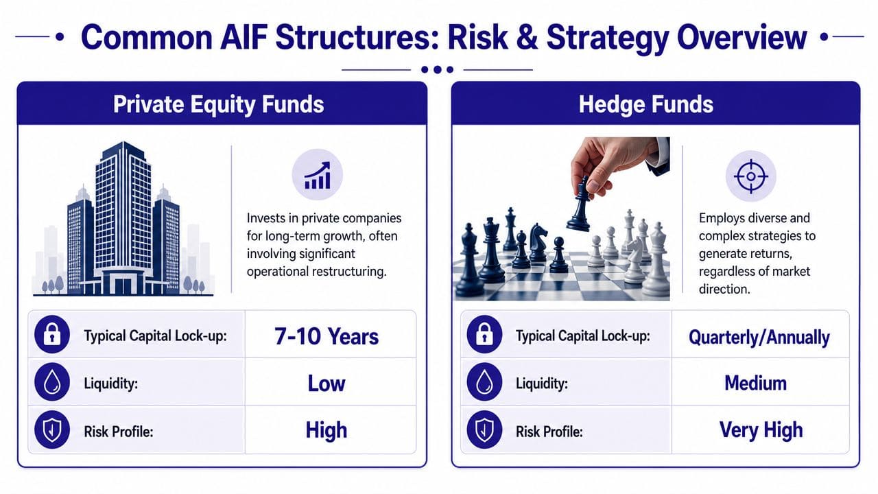 A comparison chart outlining key differences in risk, liquidity, and strategy between private equity and hedge funds.