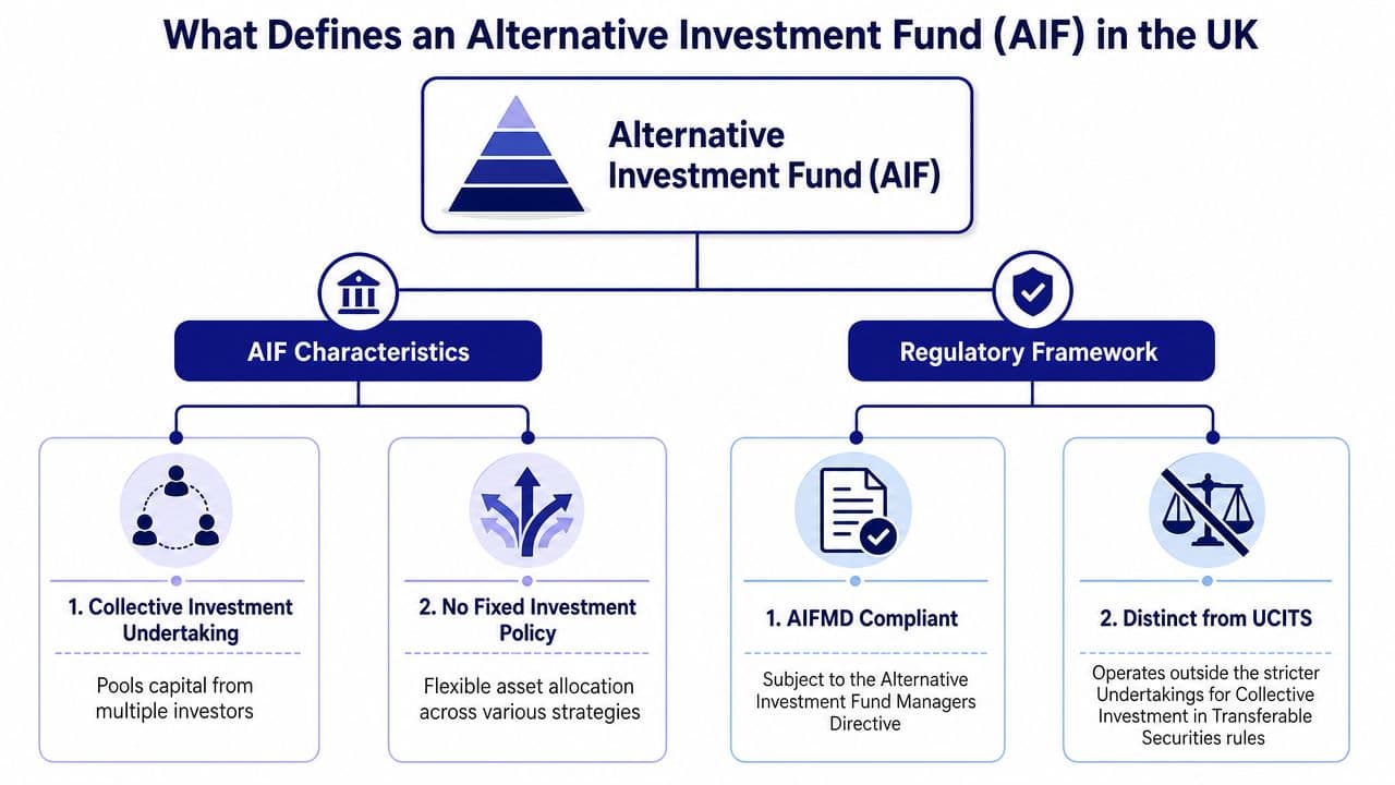 A diagram outlining the characteristics and regulatory framework that define an Alternative Investment Fund in the UK.