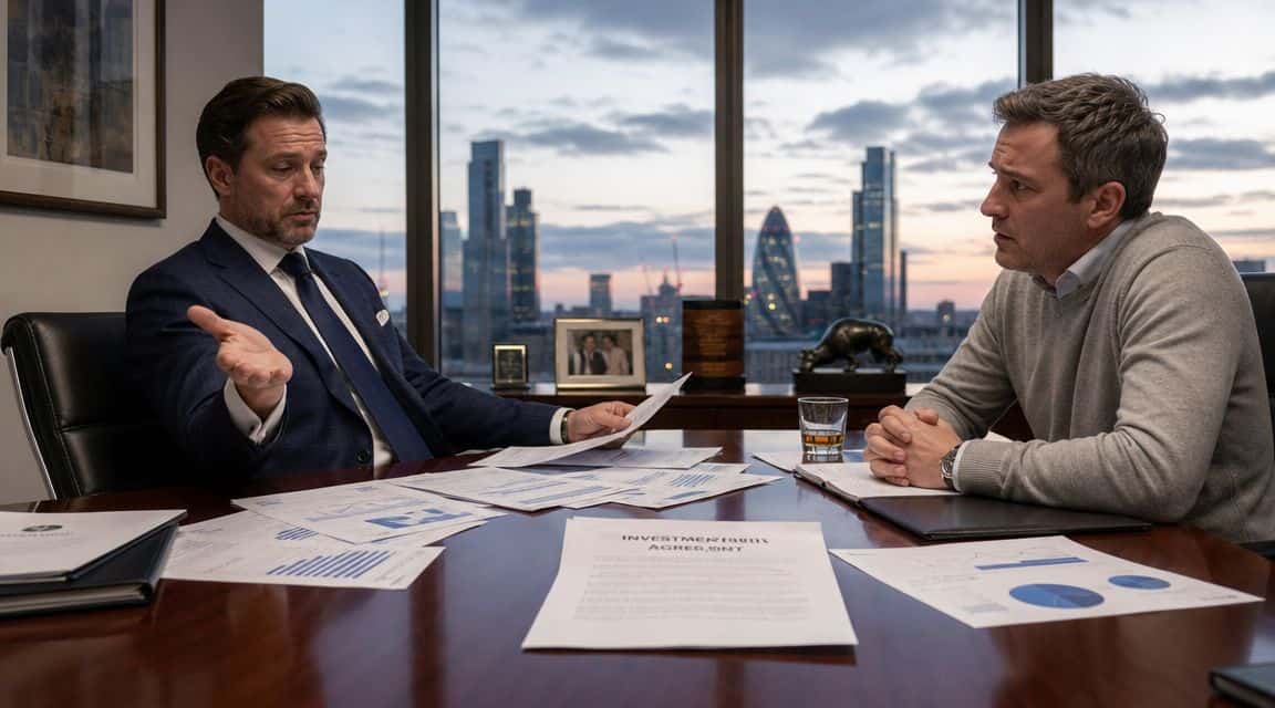 Two professional business men in suits reviewing documents inside a high-rise office with a London skyline view.