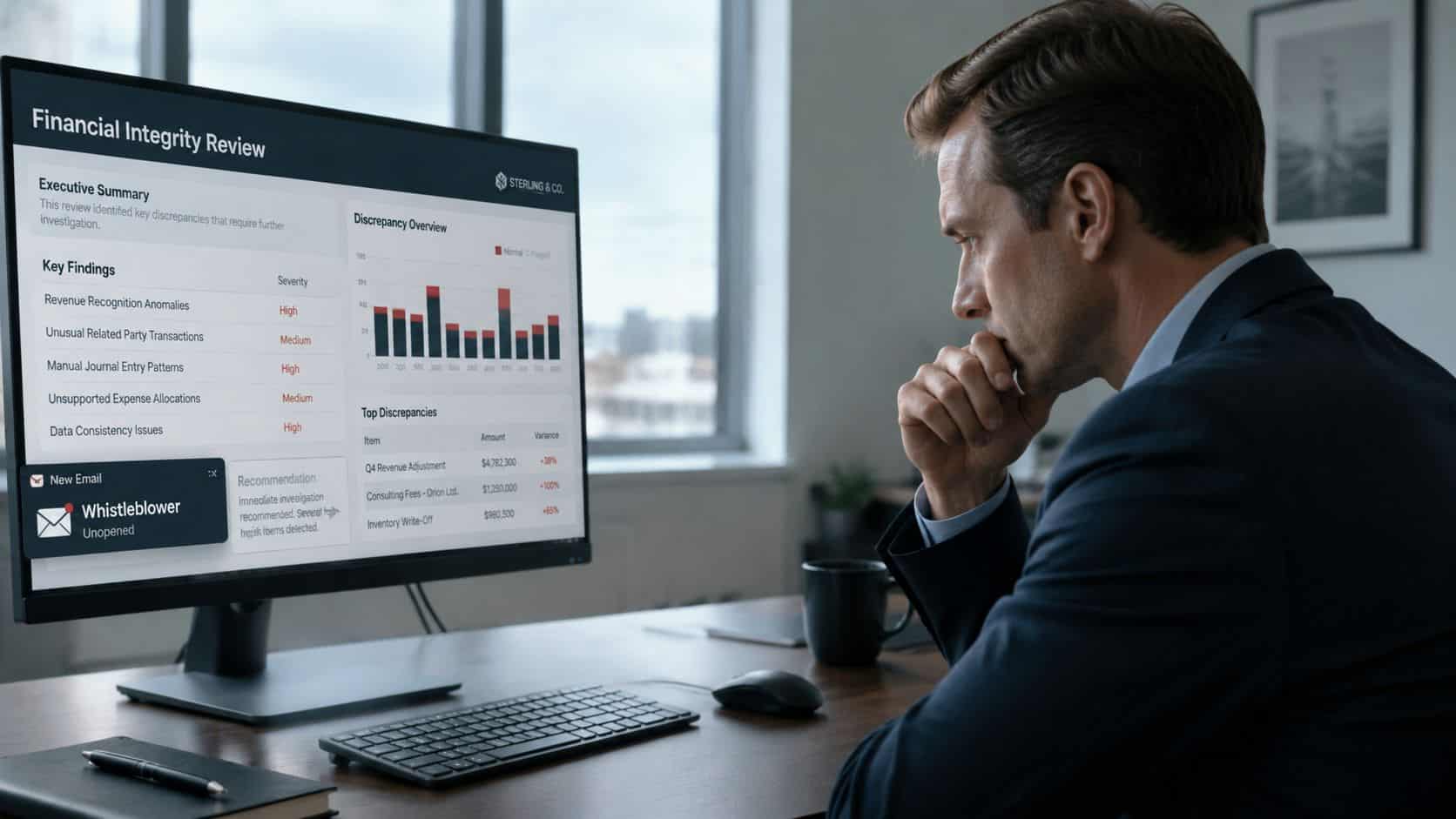 A professional man in a suit analyzes financial discrepancy data on a computer screen in an office.