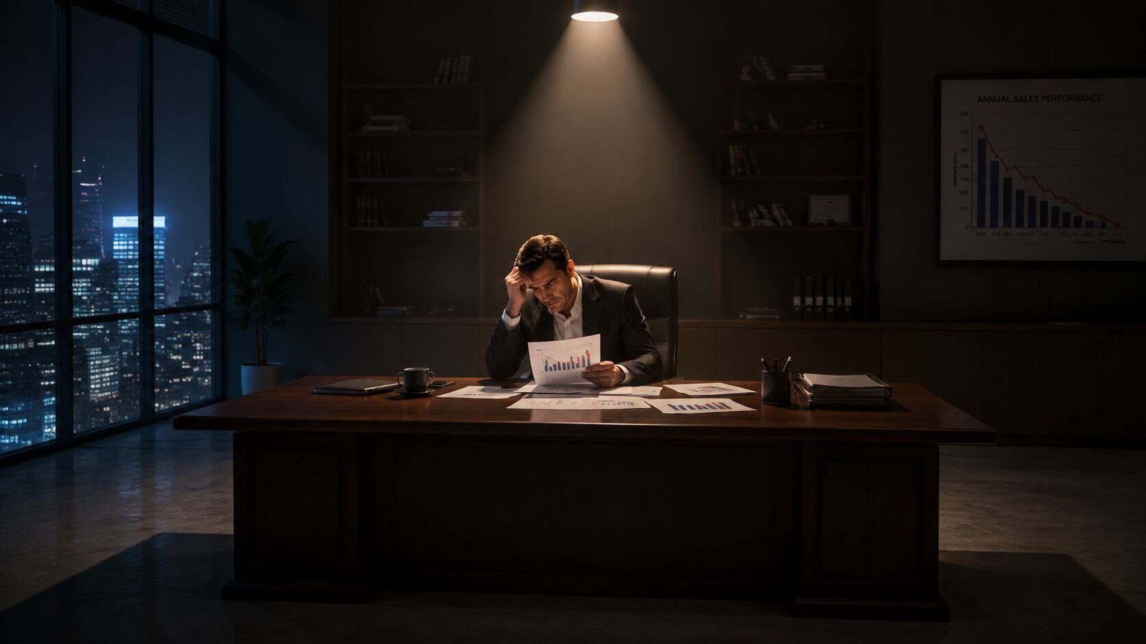 A stressed businessman analyzing downward sales performance charts at his desk in a dimly lit office.