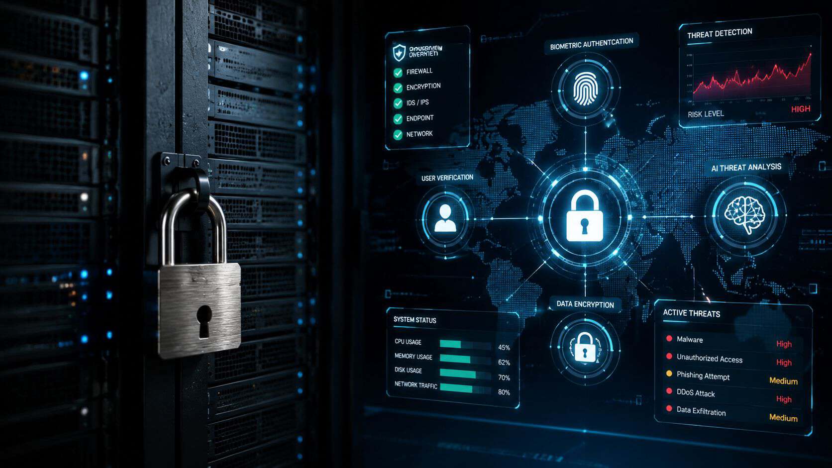 A digital security dashboard overlaying server racks showing system status, threat detection, and advanced cyber security controls.
