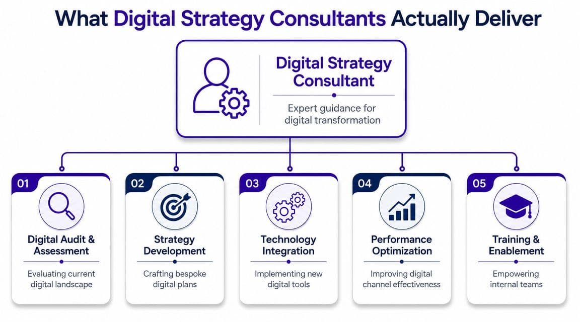 An infographic showing the five key services delivered by digital strategy consultants for digital transformation projects.