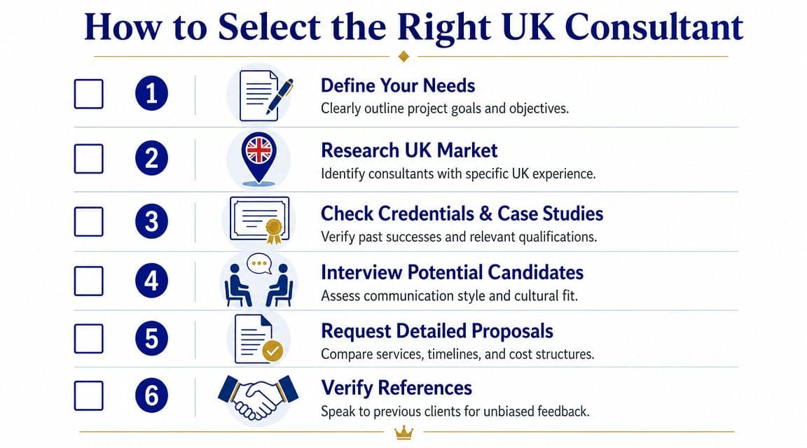 A six-step guide infographic for selecting the right professional UK business consultant for your company.