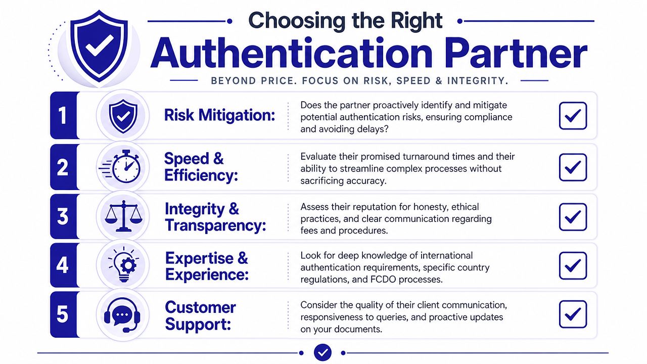 An infographic showing five key factors to consider when choosing a document authentication services partner.