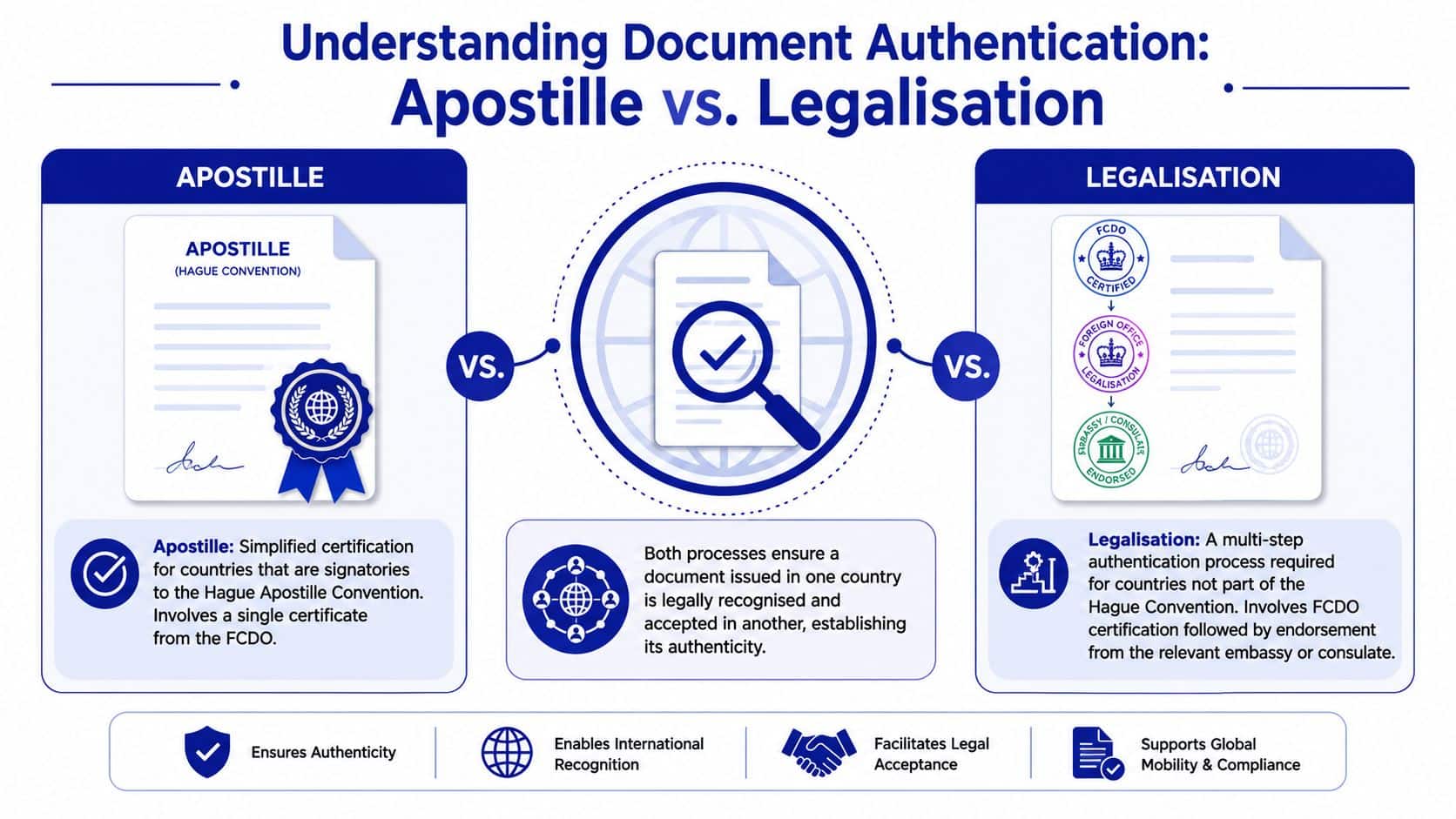 A comparison infographic explaining the differences between the Apostille and Legalisation processes for international document authentication.