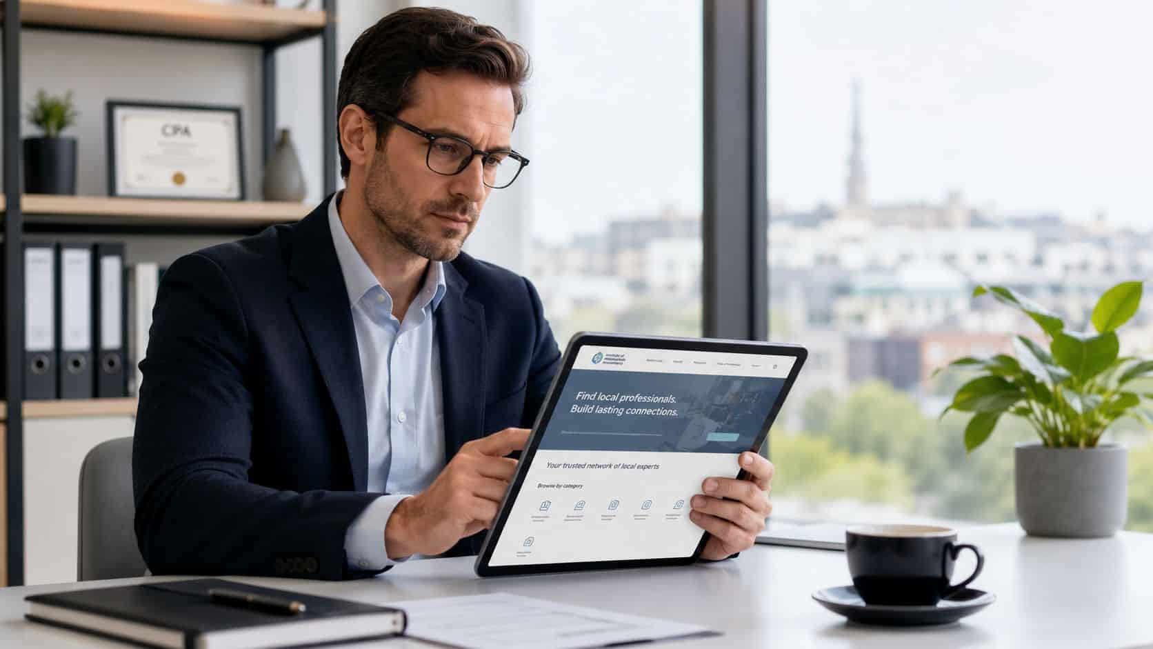 A professional accountant using a digital tablet in a modern office with a view of the city.