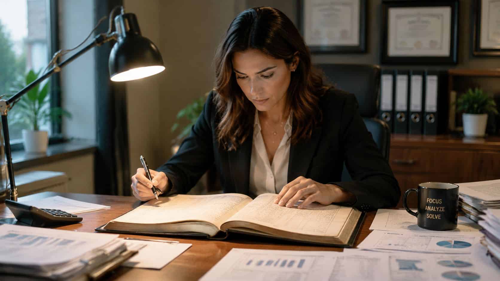 A focused female professional reviewing financial records in a book at her desk in an office.