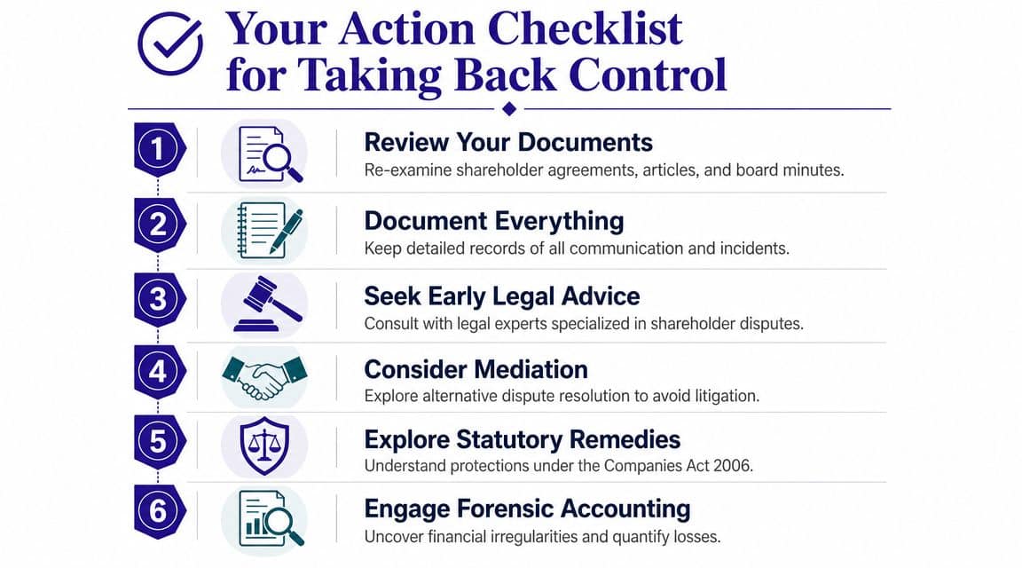 A six-step checklist titled Your Action Checklist for Taking Back Control for minority shareholders.