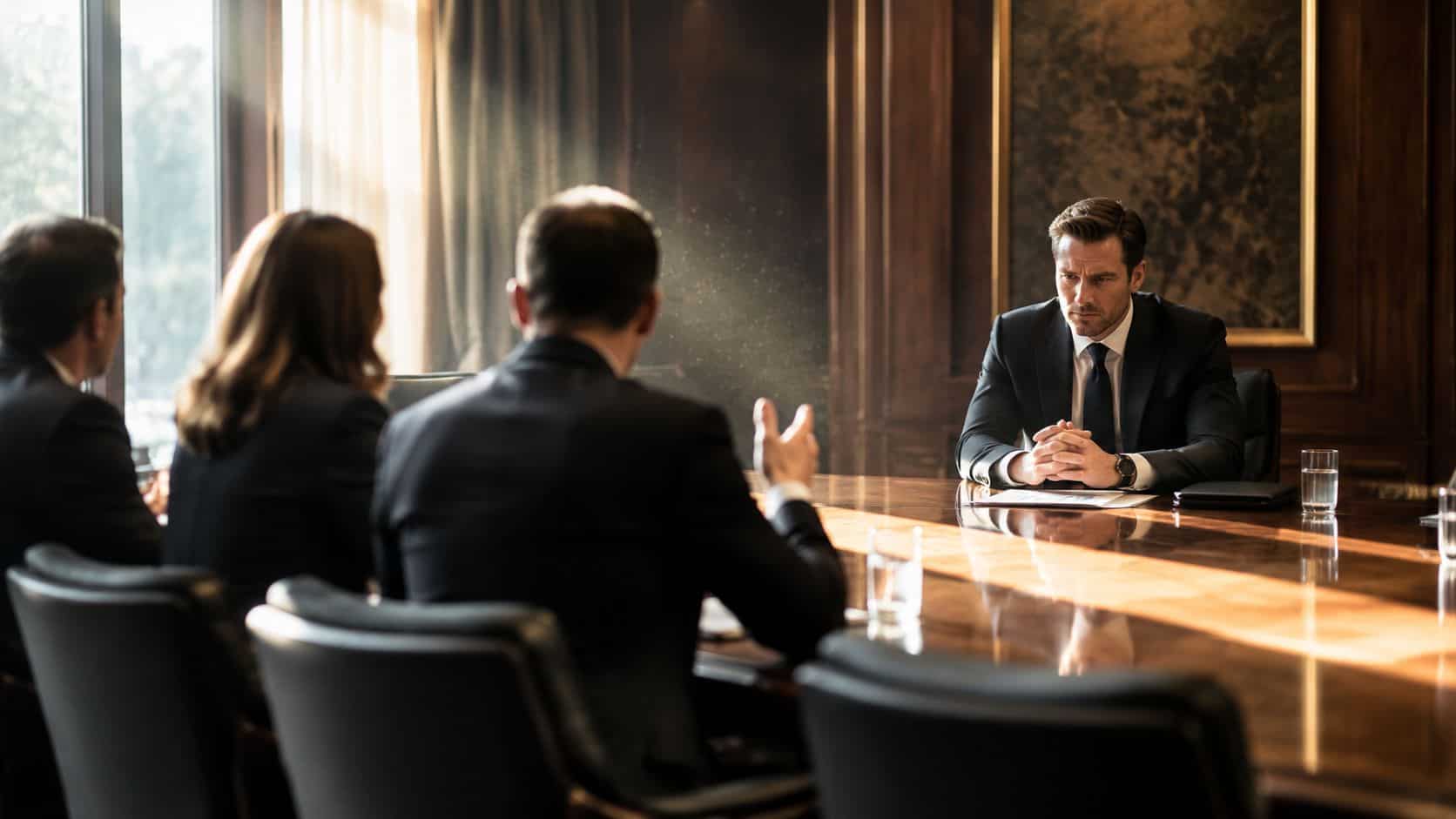 A professional business meeting with a group of people sitting at a long wooden conference table.