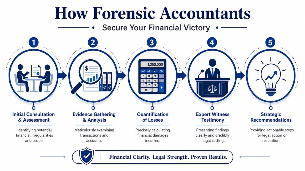 A five-step infographic showing the forensic accounting process for financial investigations and dispute resolution.