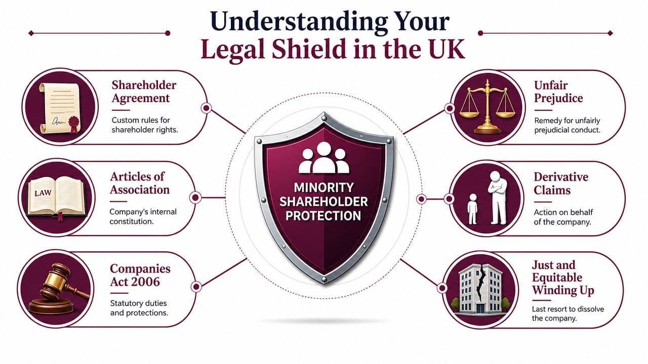 An infographic detailing various legal protections for minority shareholders in the United Kingdom business law landscape.