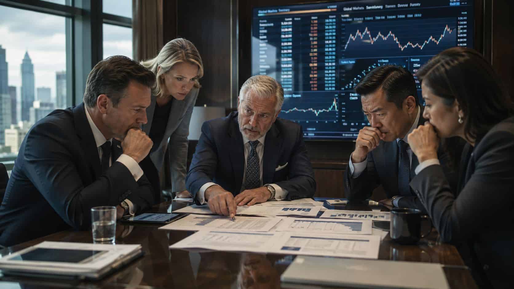 A diverse team of financial professionals in a boardroom analyzing complex market data and business reports together.