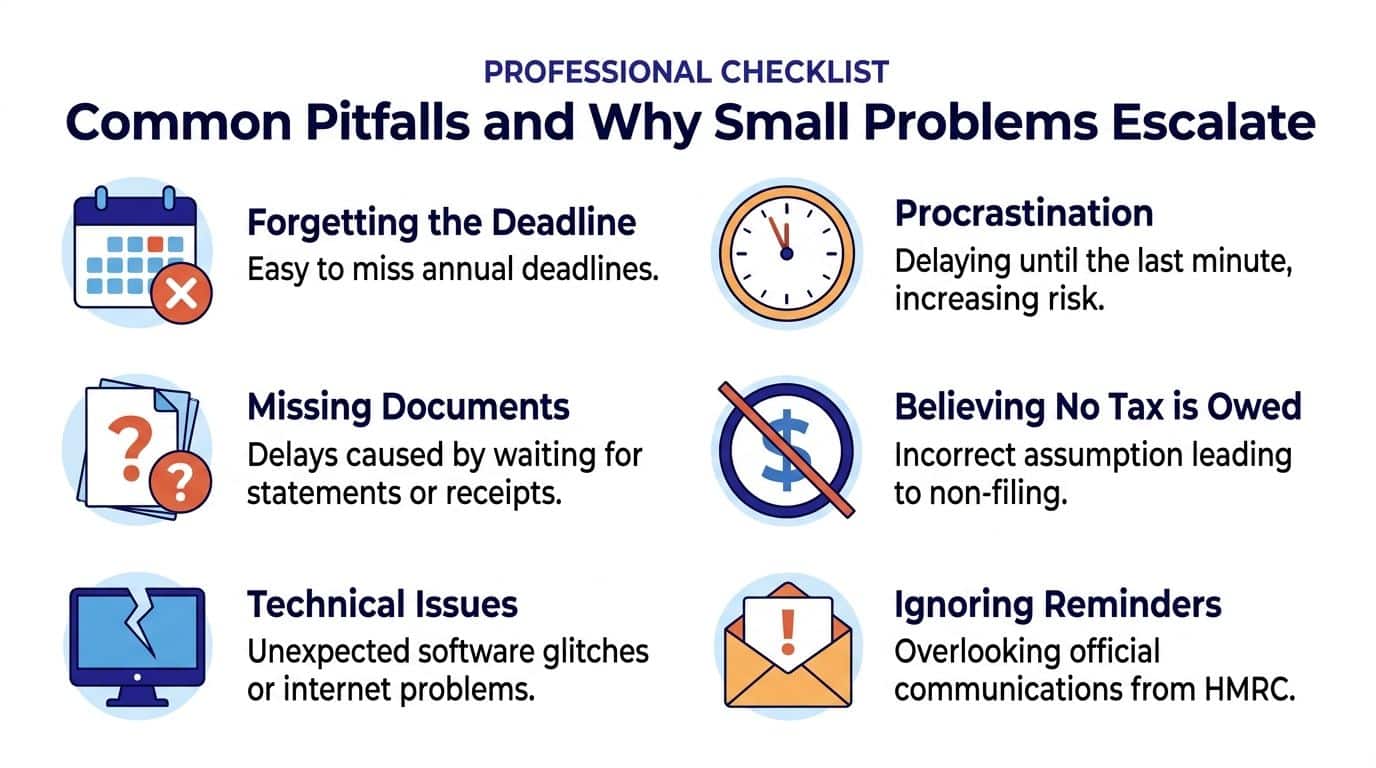 An infographic detailing common professional pitfalls that cause tax deadlines to be missed and penalties to escalate.