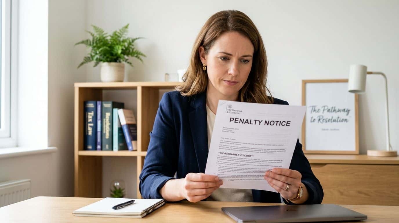 A professional woman reading a penalty notice document at her office desk with a laptop and notebook.