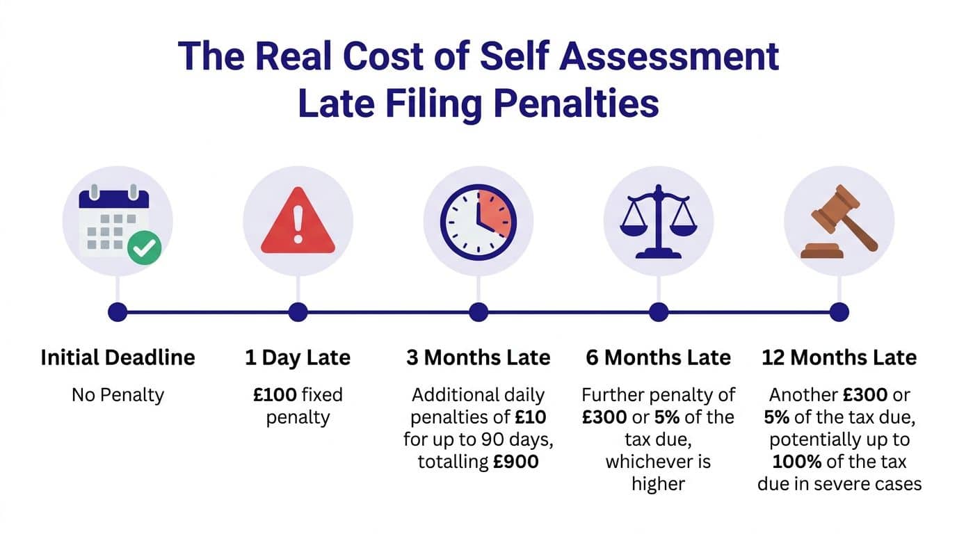 A timeline graphic showing late filing penalties for Self Assessment tax returns from one day to one year.