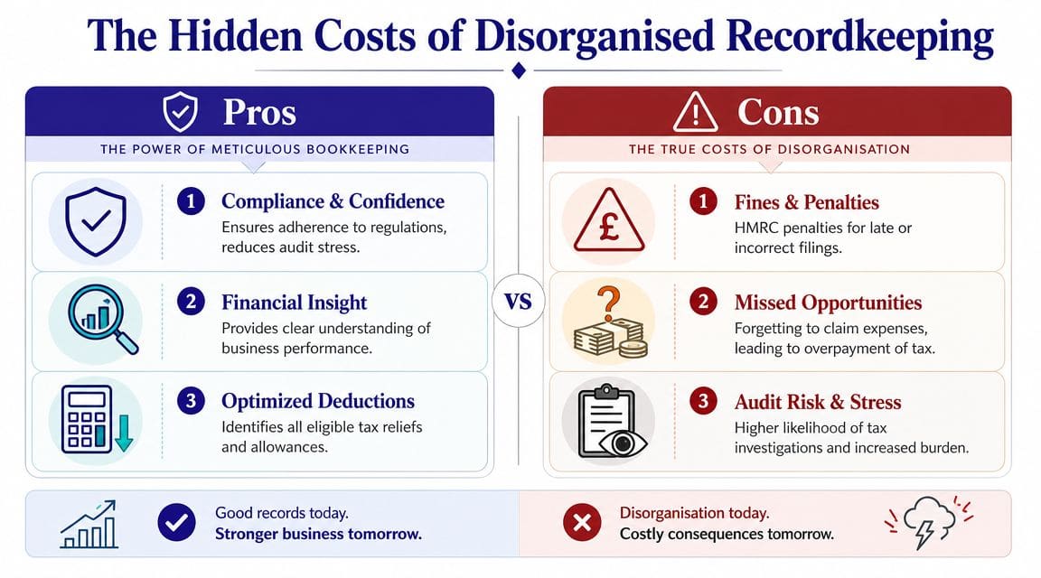 A comparison chart highlighting the pros of meticulous bookkeeping versus the cons of disorganized business records.
