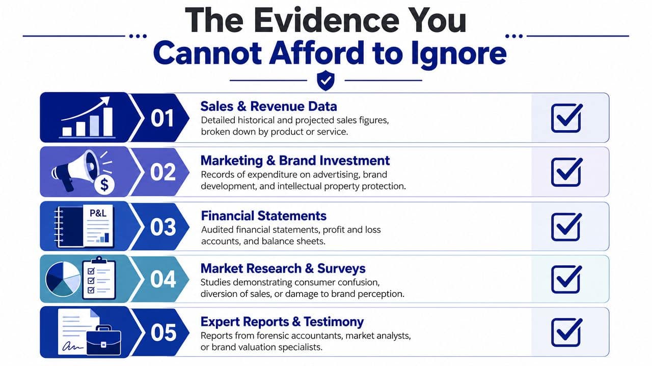 A business infographic titled The Evidence You Cannot Afford to Ignore, listing five types of financial business evidence.