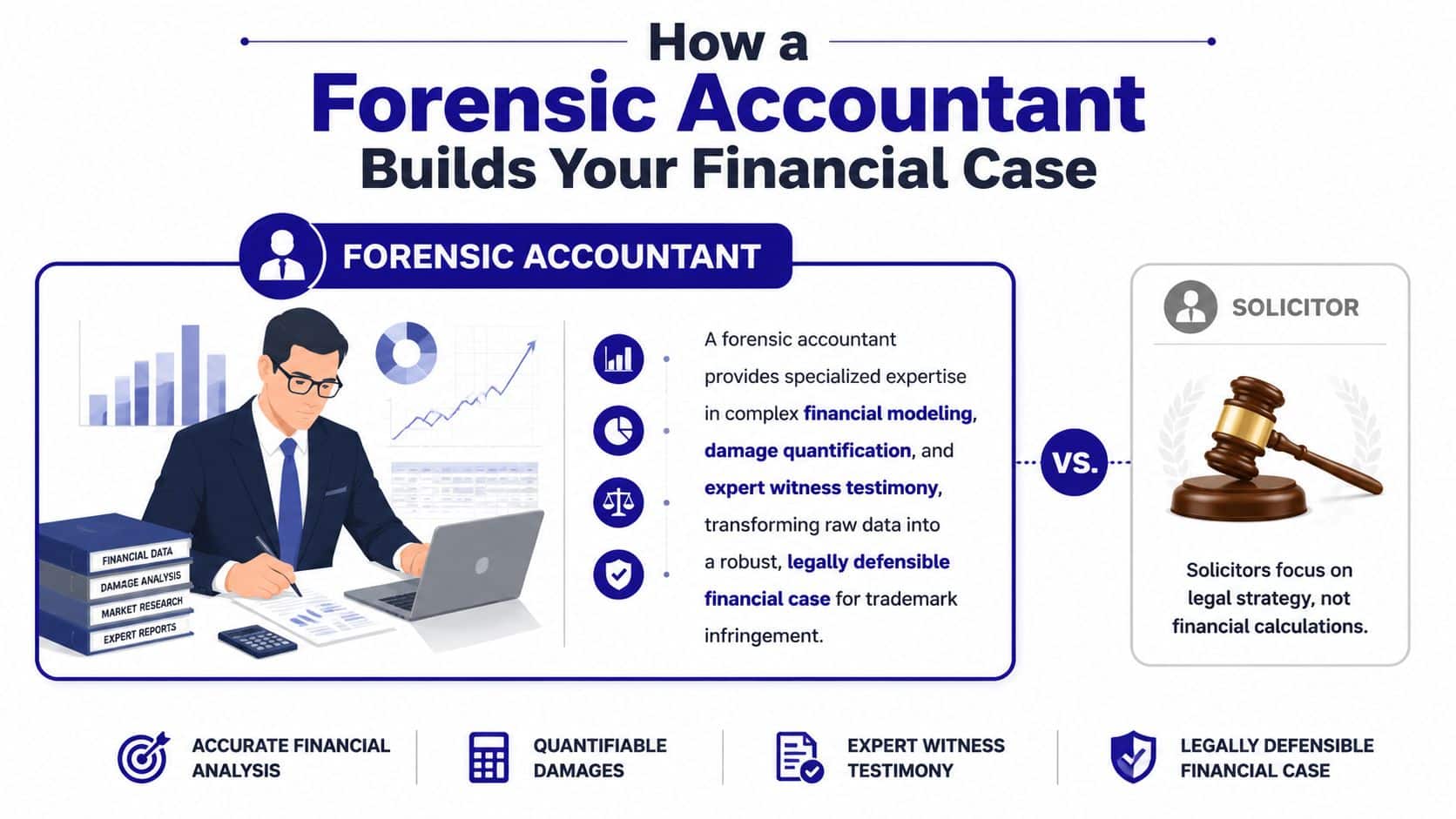 A professional infographic detailing how a forensic accountant builds a financial case for trademark infringement.