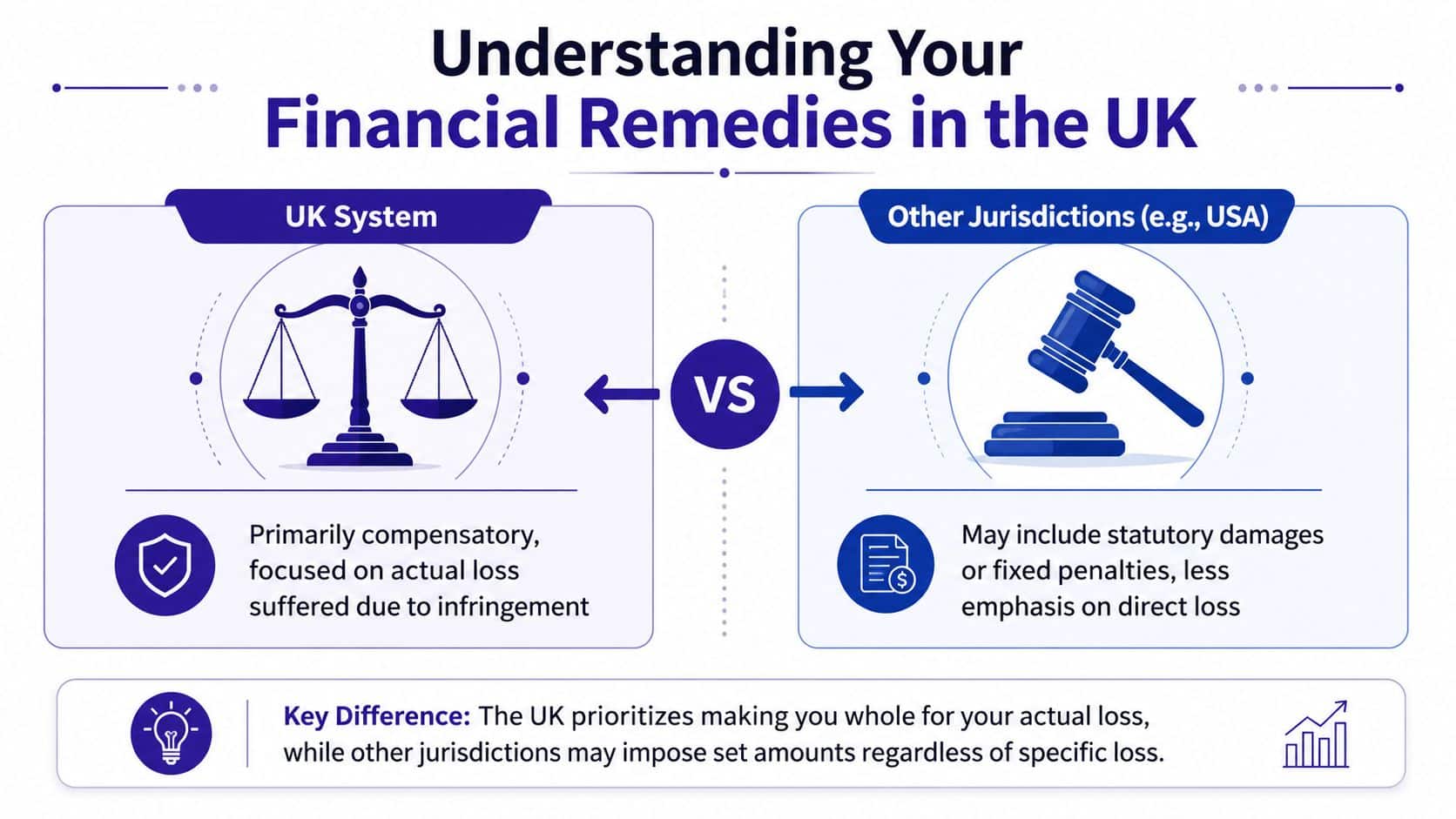 A comparison infographic showing financial remedies for infringement in the UK versus other jurisdictions like the USA.