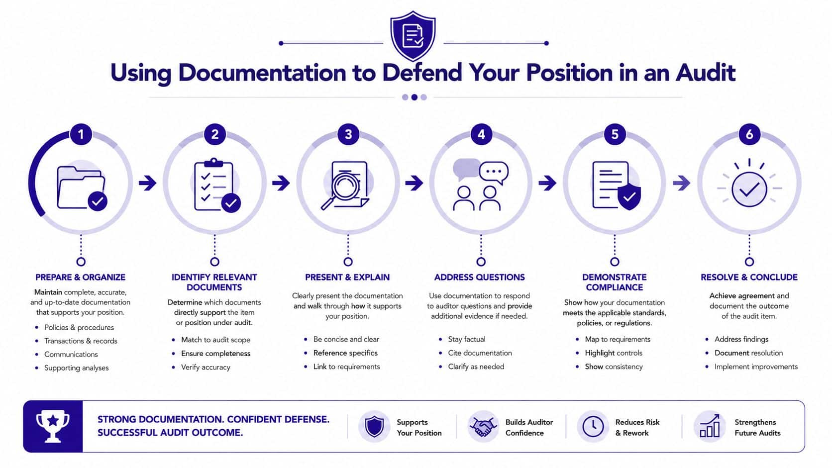 A six-step infographic on using documentation to defend a professional position during a formal audit process.