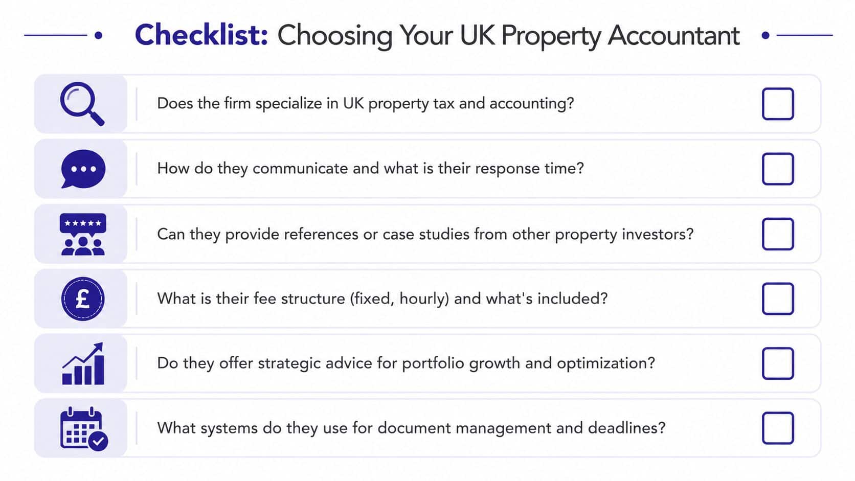 A professional checklist for selecting a UK property accountant featuring six key evaluation criteria for investors.