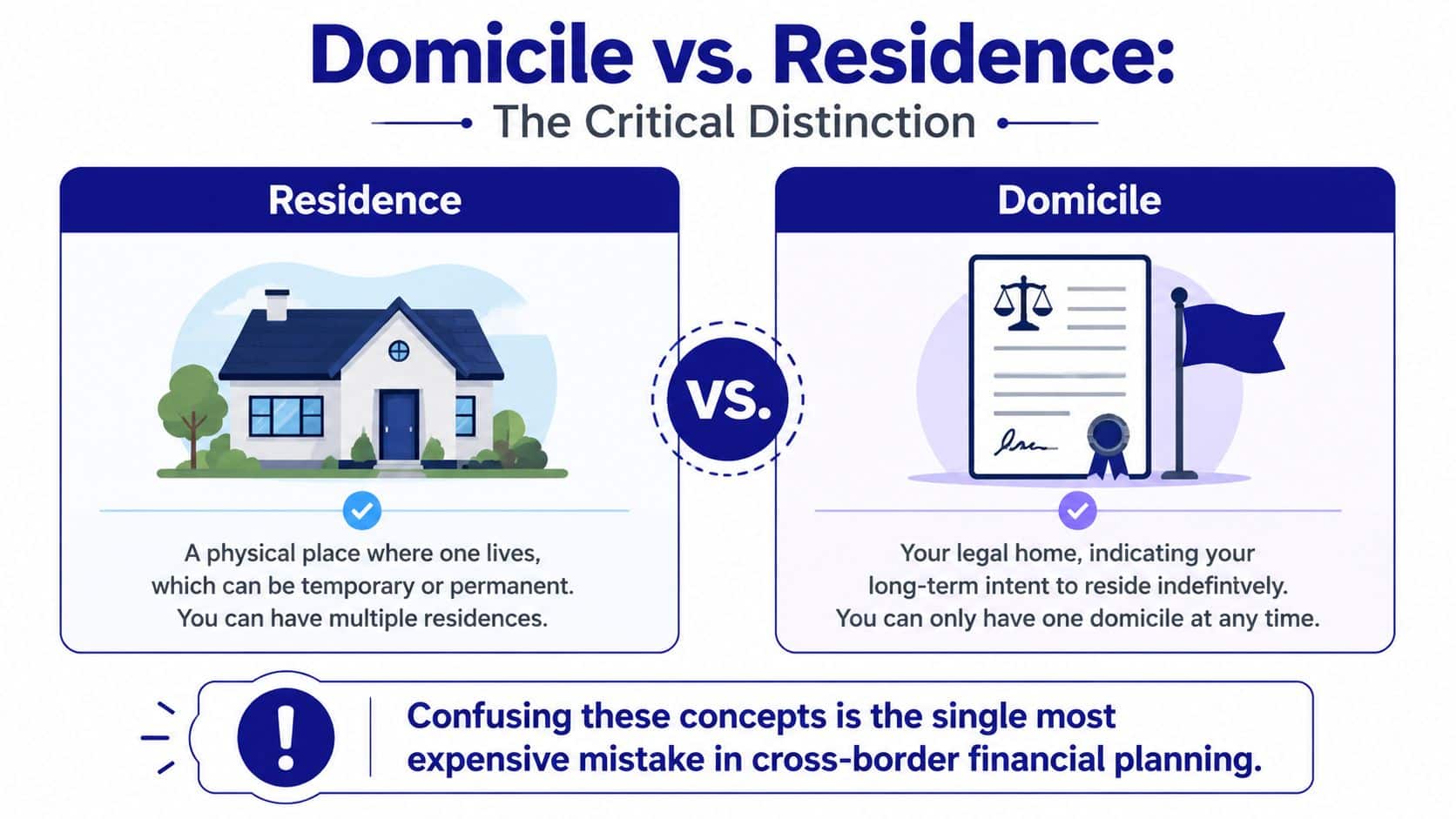 An infographic comparing the definitions and key differences between legal domicile and physical residence for financial planning.