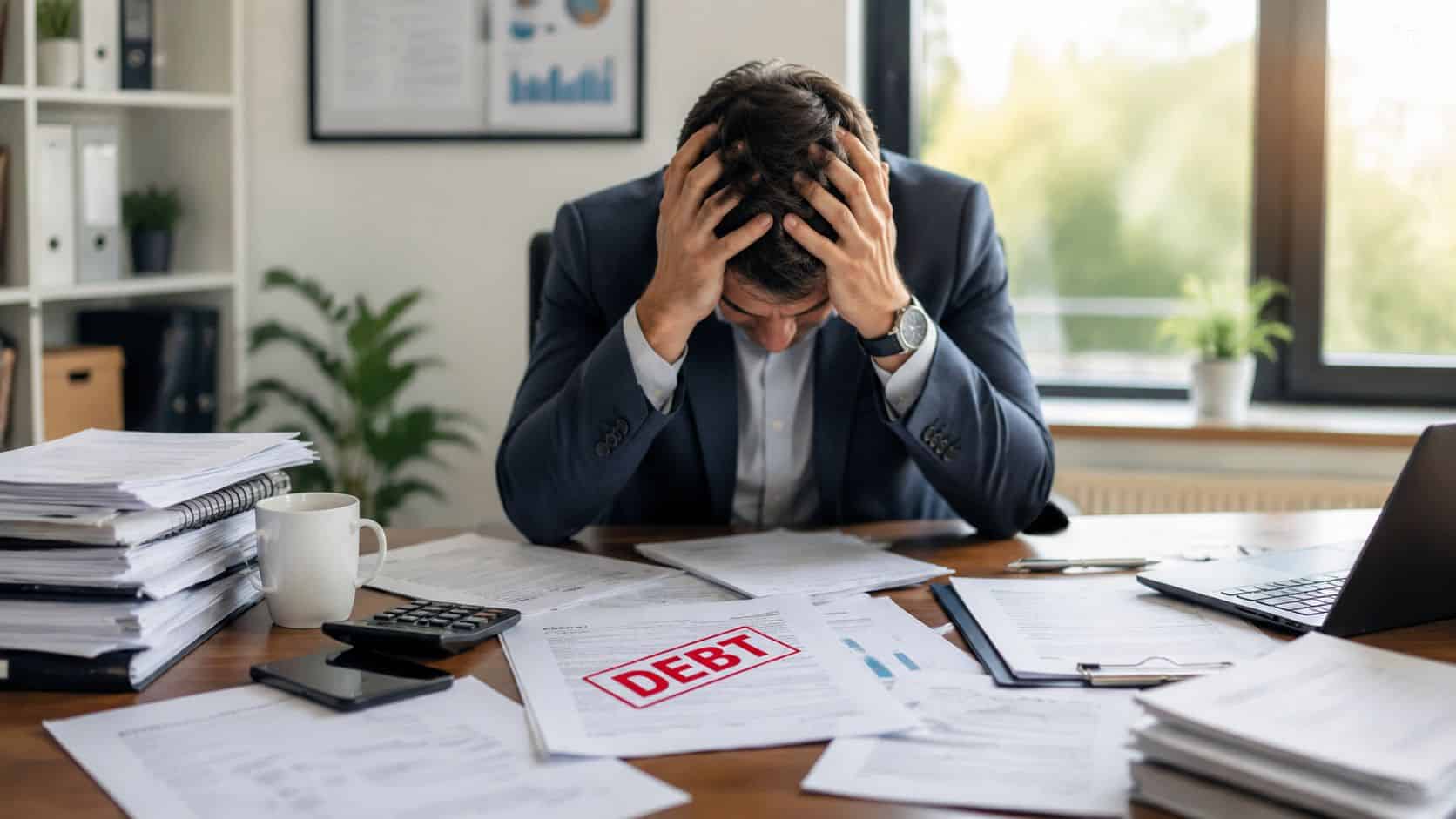 A stressed businessman sits at his desk holding his head with paperwork labeled debt in front of him.