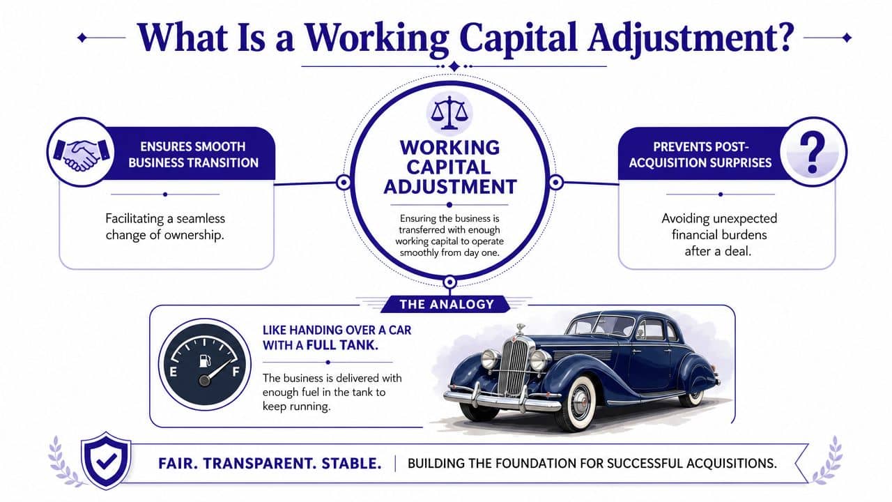 An infographic explaining working capital adjustment using a car with a full tank as an analogy.