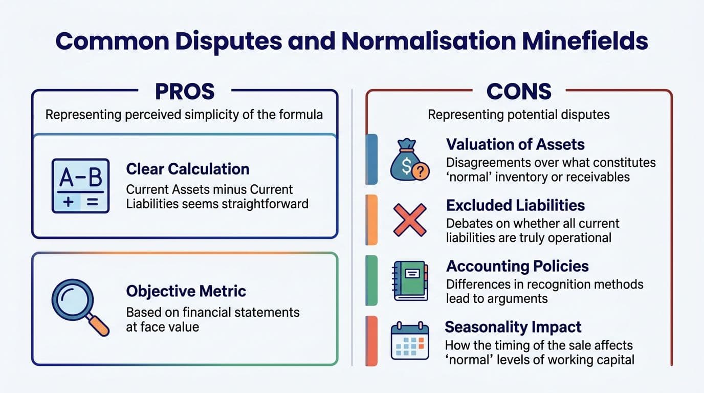 A diagram comparing the pros and cons of working capital adjustments in financial business deals.
