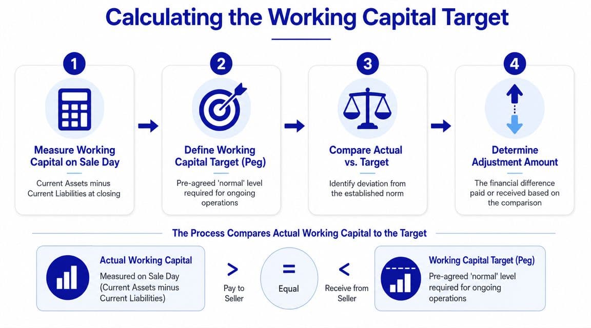A four-step infographic illustrating the process of calculating and adjusting business working capital during a sale.