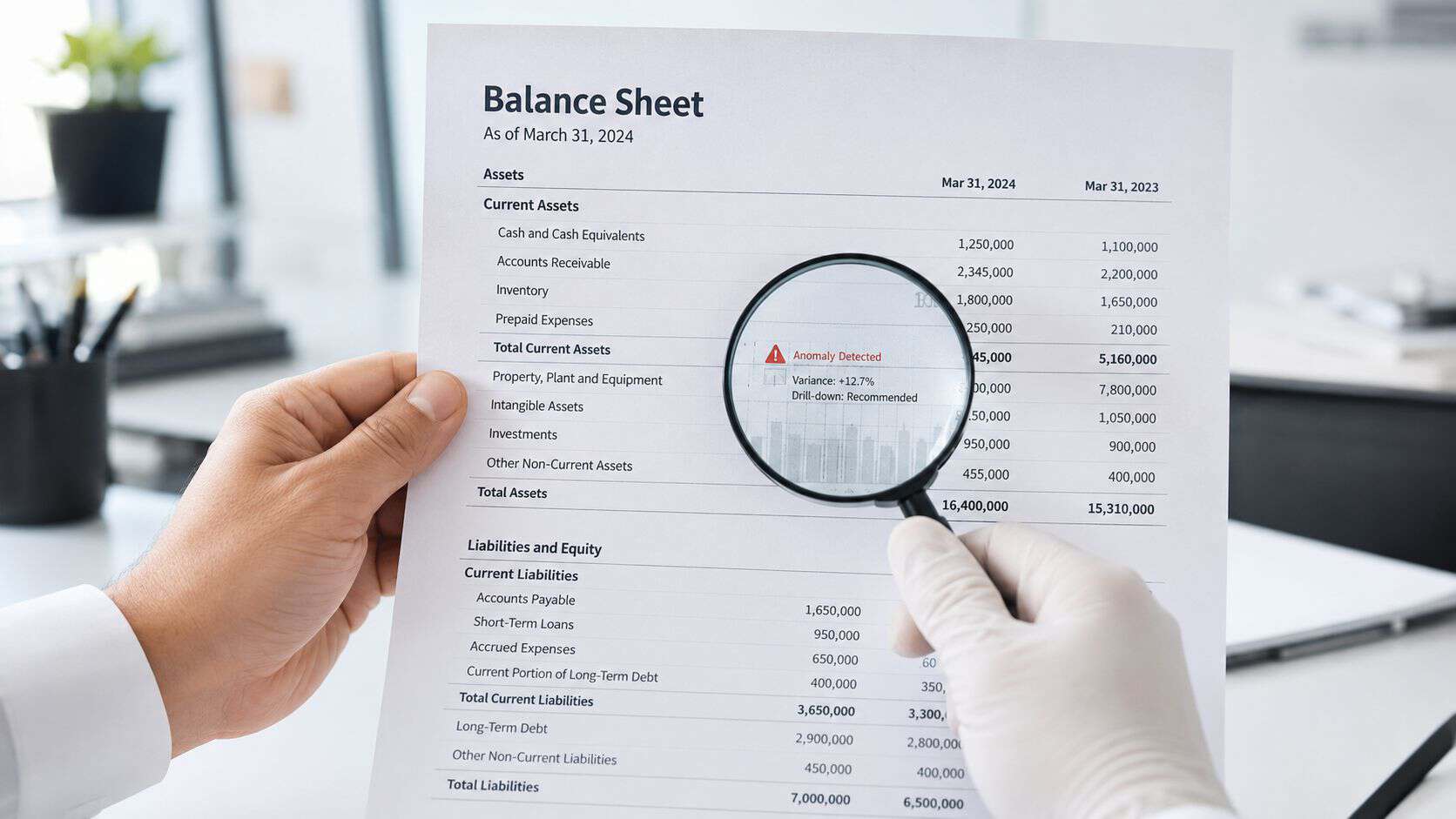 A professional analyzing a balance sheet with a magnifying glass to detect financial reporting anomalies.