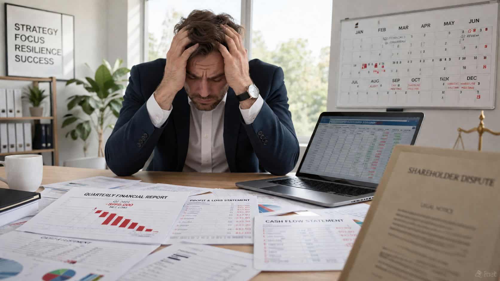 Stressed businessman holding his head in hands while analyzing negative financial reports and legal documents at desk.