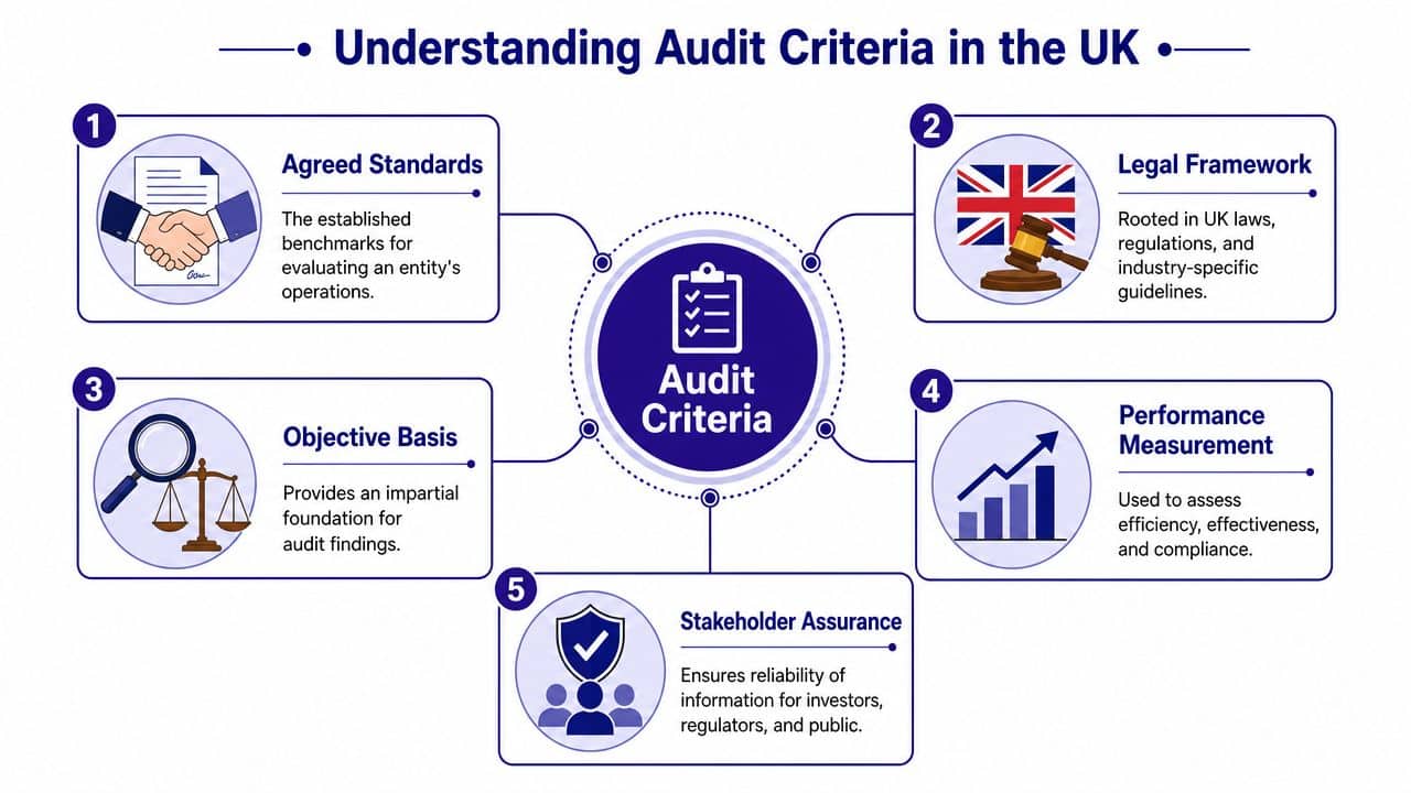 A diagram outlining the five key components of audit criteria within the UK business environment.