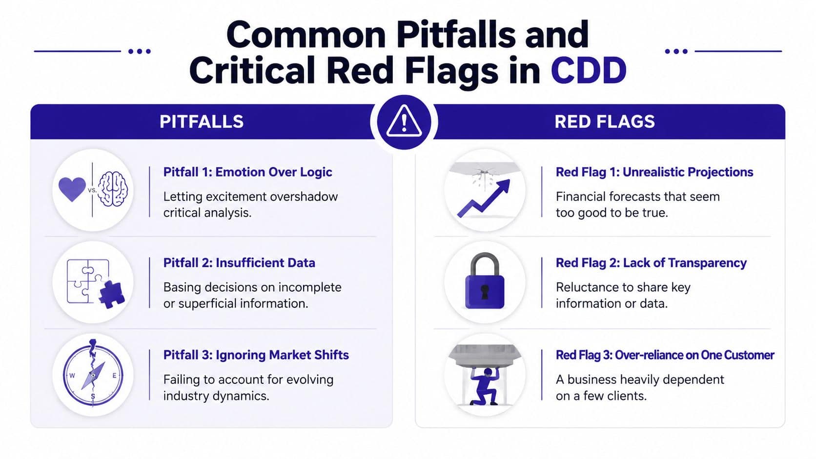 An infographic titled Common Pitfalls and Critical Red Flags in CDD, highlighting key business evaluation risks.