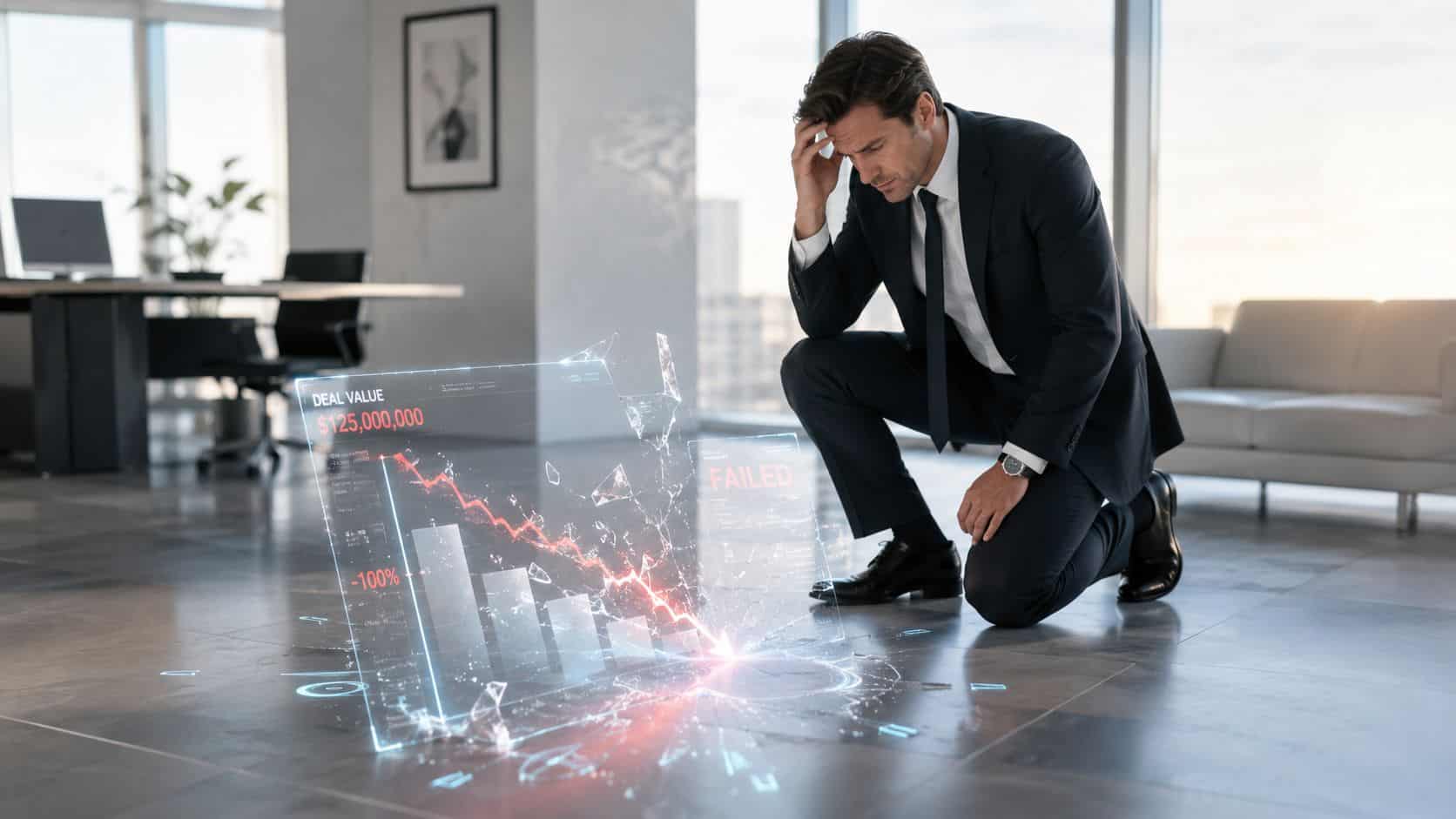 A distressed businessman kneeling on the floor next to a shattered holographic projection displaying financial failure.