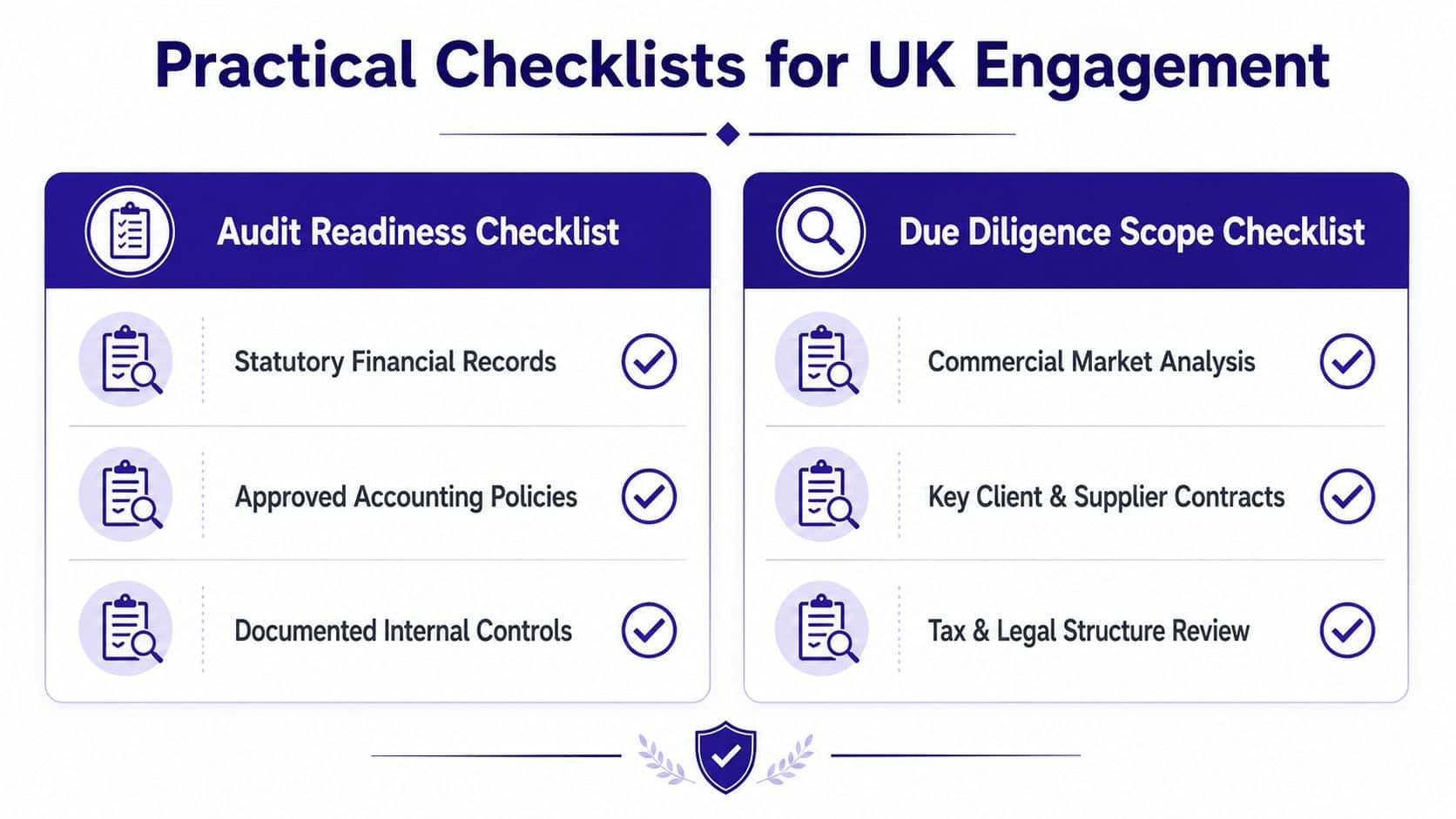 A visual guide outlining key focus areas for audit readiness and due diligence scope in UK business.