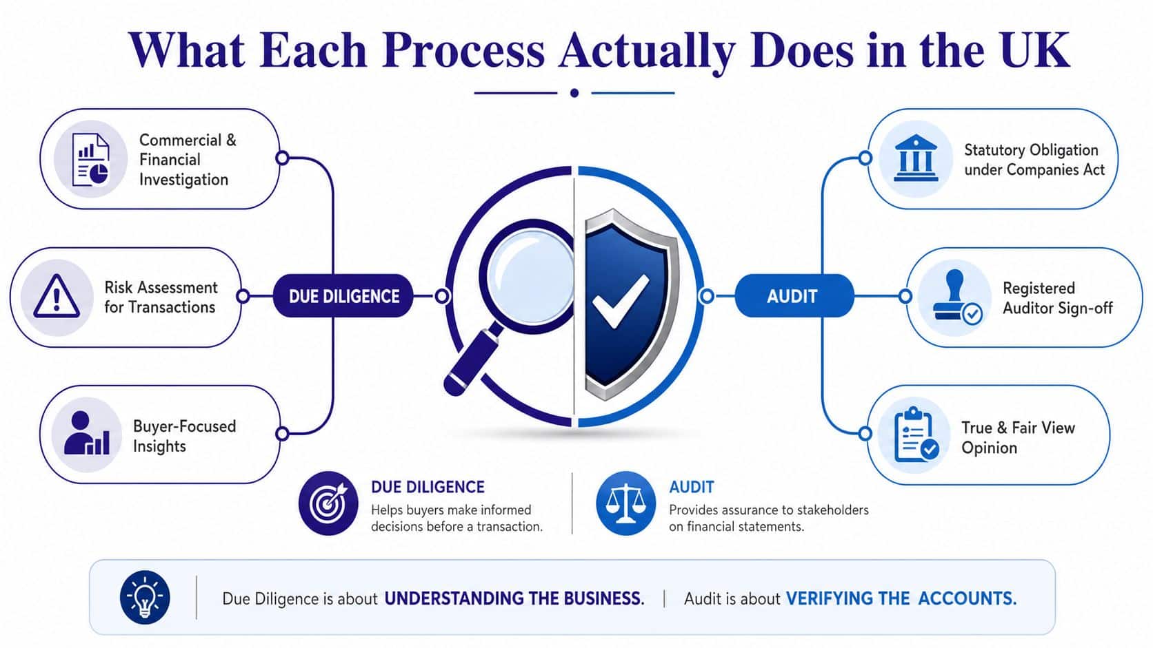 A diagram comparing due diligence and audit processes in the UK, explaining their key functions and differences.