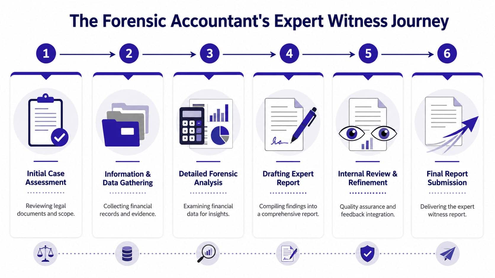 A six-step infographic illustrating the forensic accountant's journey from case assessment to final expert report submission.