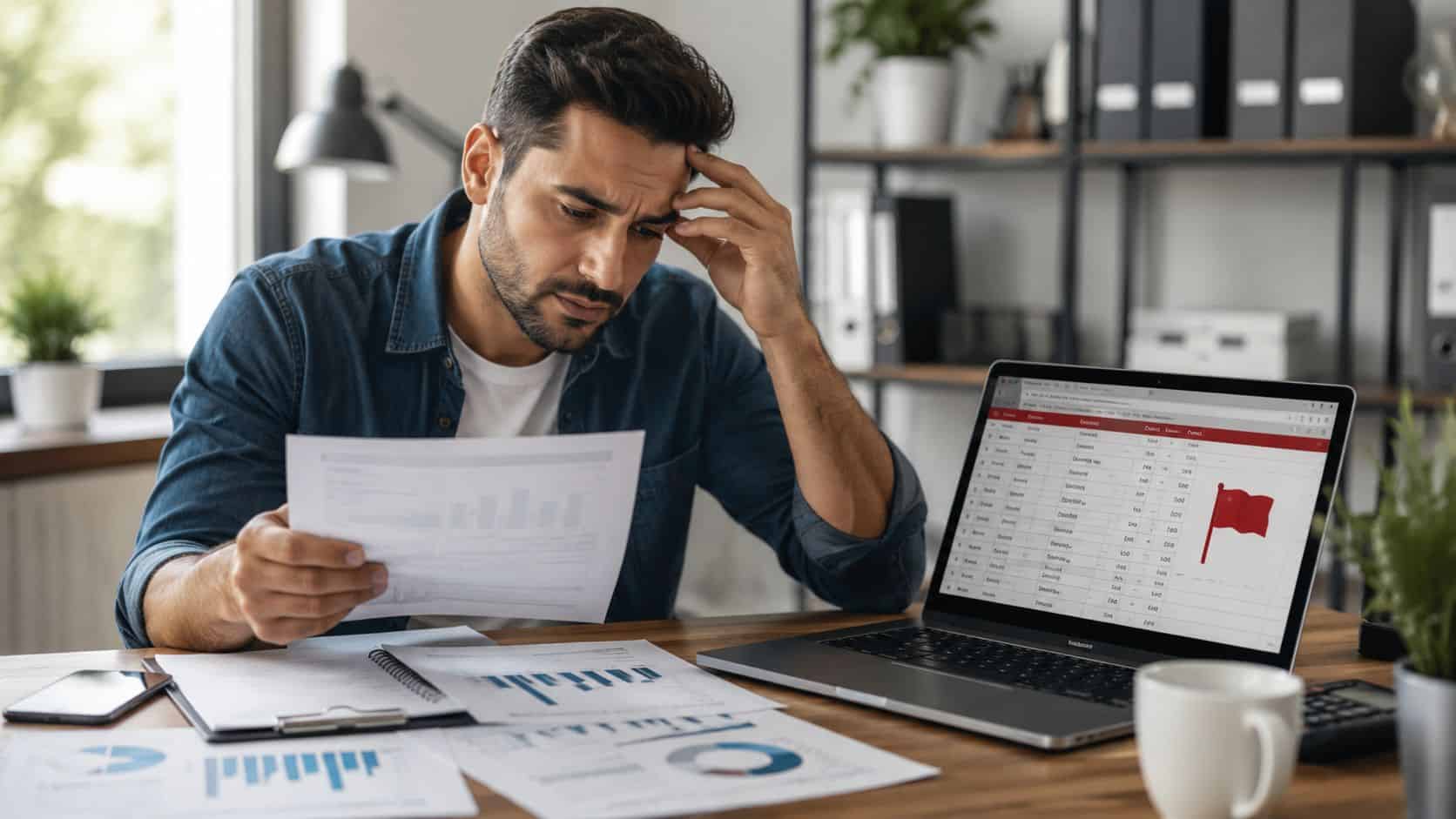 A concerned professional reviewing financial documents and data on a laptop while working at a desk.