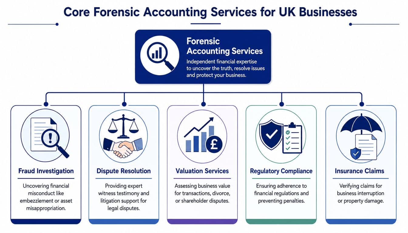 A diagram outlining the core forensic accounting services available for businesses in the United Kingdom.