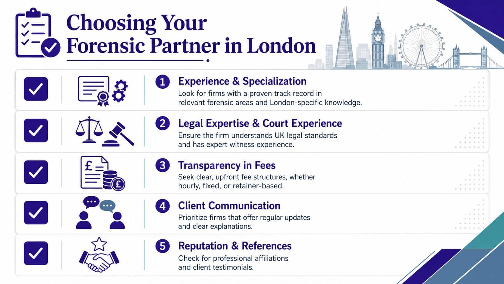 An infographic detailing five key tips for choosing a professional forensic partner in London.