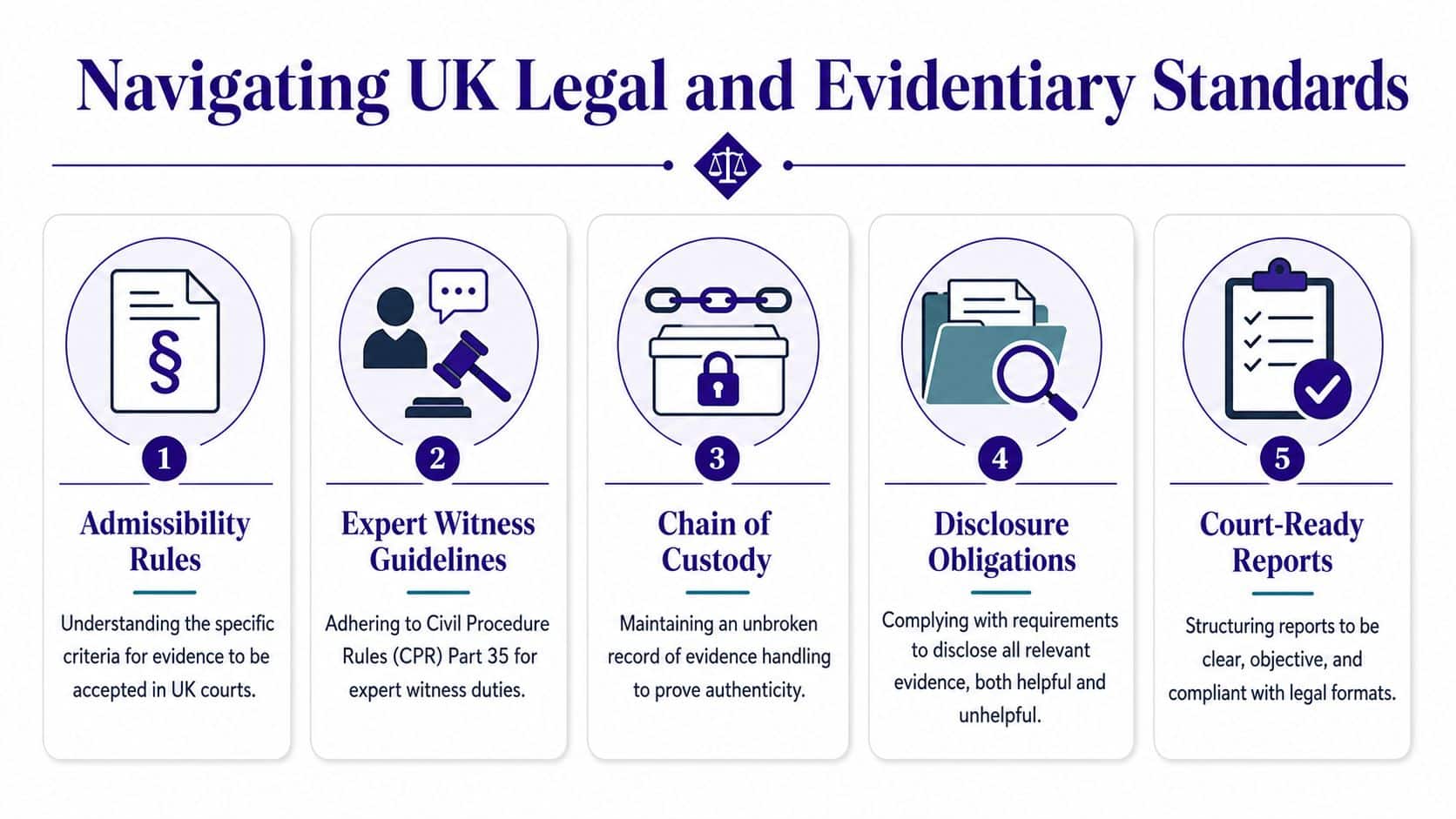 An infographic detailing five key steps for navigating UK legal and evidentiary standards for expert evidence.