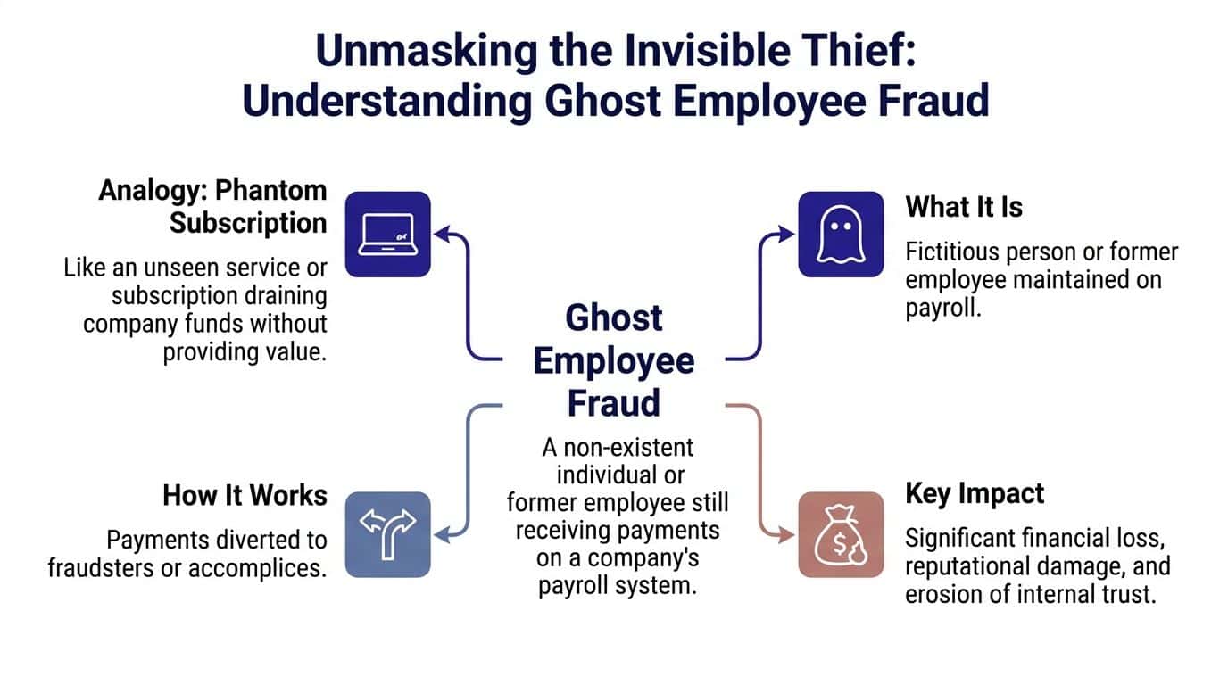 An infographic explaining ghost employee fraud, detailing its definition, impact, and how it functions as internal theft.