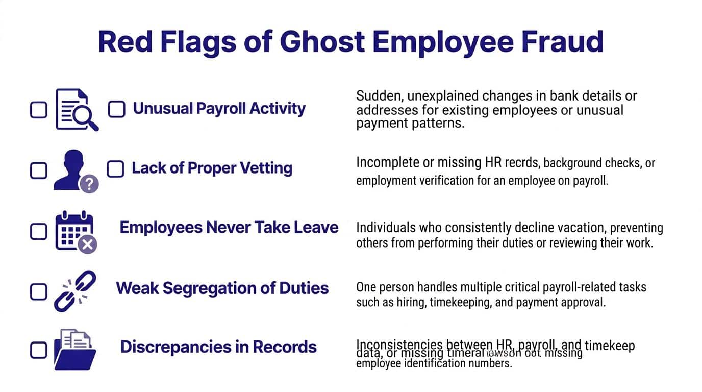 A list of red flags for identifying ghost employee fraud in a business payroll system.