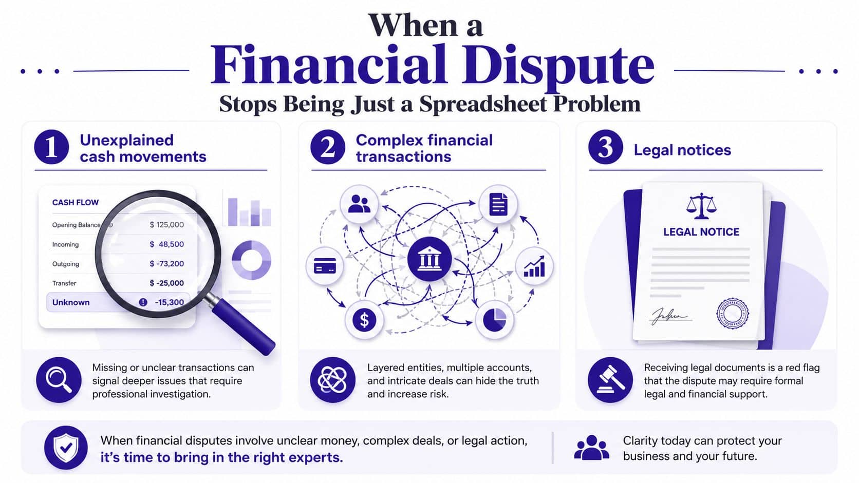 An infographic showing three warning signs that a financial dispute requires professional litigation support expert witness services.