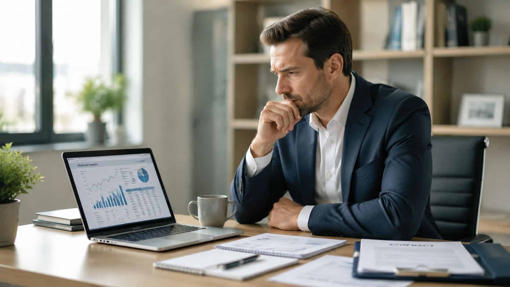 A professional man in a suit looking thoughtfully at financial charts on his laptop in an office.